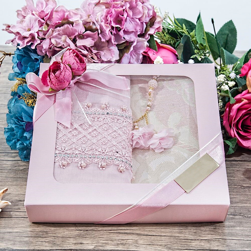 Pink Gift Box Set | Islamic Gift | Prayer Mat | Lux Shawl | 33 Bead Tasbeeh Set | Gift For Her | Personalized Gift | Unique Gift | M724