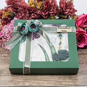 Tulip Prayer Mat Green Gift Box Set | Islamic Gift | 99 Bead Pearl Tasbeeh |  Personalized Gift | Unique Gift | M725