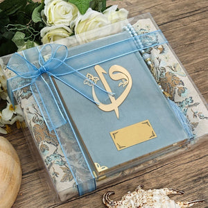 Velvet Quran Sky Blue Gift Box | Prayer Mat | 99 Beads Pearl Tasbeeh |  Personalized Gift | Unique Gift | Islamic Gift | M717