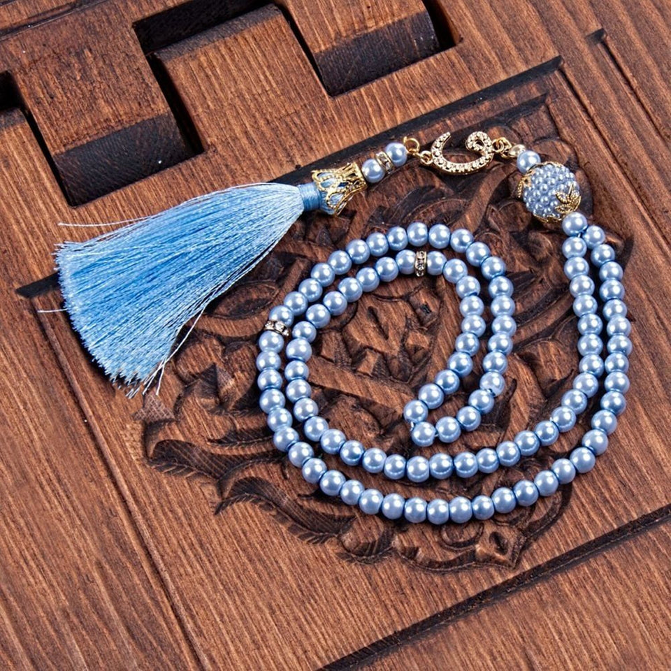 Velvet Quran Sky Blue Gift Box | Prayer Mat | 99 Beads Pearl Tasbeeh |  Personalized Gift | Unique Gift | Islamic Gift | M717