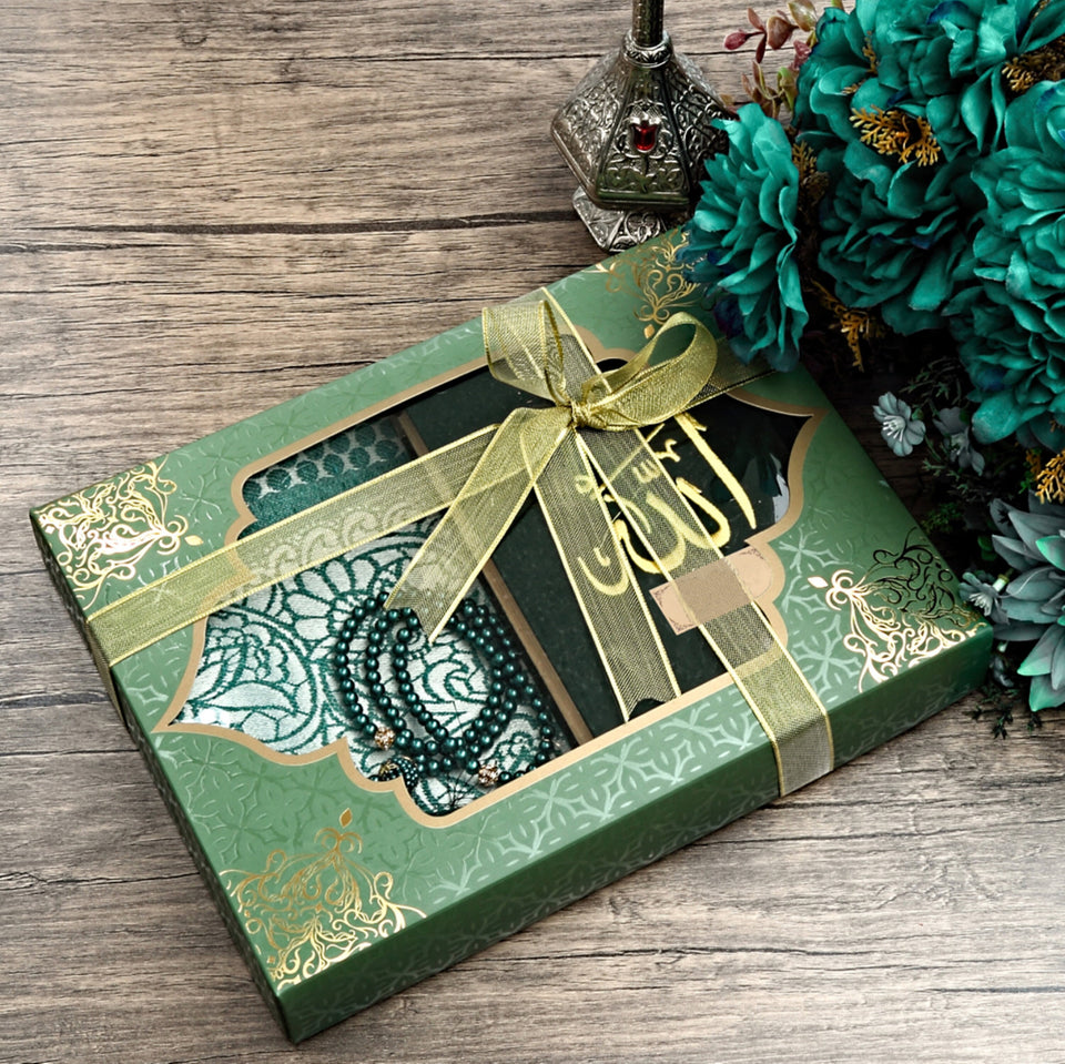 Special to your Name Velvet Suede Embroidery Green Quran Gift Box | Prayer Mat | Crystal Tasbeeh | Personalized Gift | HHYC