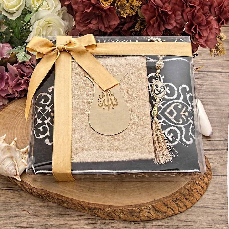 Velvet Beige Yaseen Book Gift Box | Kaaba Design Prayer Mat | Pearl Tasbeeh | Acetate Box Decorated With Ribbon | Personalized Gift | M438
