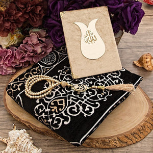 Velvet Beige Yaseen Book Gift Box | Kaaba Design Prayer Mat | Pearl Tasbeeh | Acetate Box Decorated With Ribbon | Personalized Gift | M438