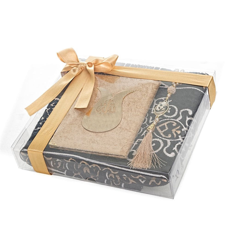 Velvet Beige Yaseen Book Gift Box | Kaaba Design Prayer Mat | Pearl Tasbeeh | Acetate Box Decorated With Ribbon | Personalized Gift | M438