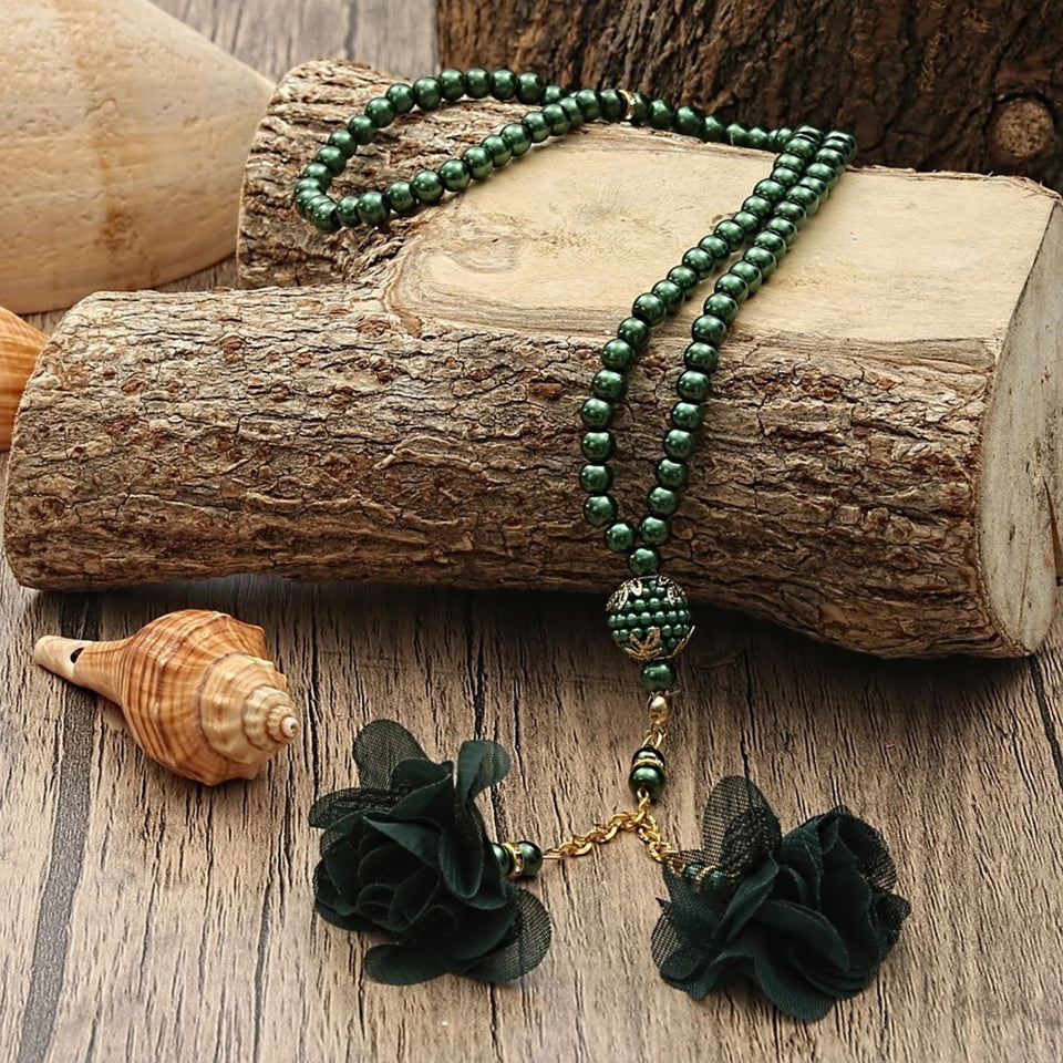 Green Gift Box | Silk Prayer Mat | 99 Beads Pearl Tasbeeh | Acetate Box Decorated With Ribbon | Personalized Gift | M716