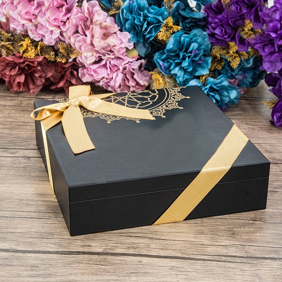 Special Design Black Wooden Gift Box | Gray Quran | 99 Bead Tasbeeh | Luxury Shawl | Special Design Box | Personalized Gift | AK19