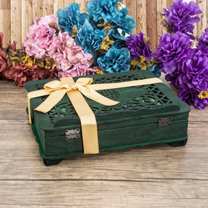 Lux Green Wooden Islamic Gift Box | Special Gift for Father | Thermo Leather Quran | Prayer Mat and Tasbeeh Set | Personalized Gift | AOS2
