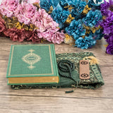 Lux Green Wooden Islamic Gift Box | Special Gift for Father | Thermo Leather Quran | Prayer Mat and Tasbeeh Set | Personalized Gift | AOS2