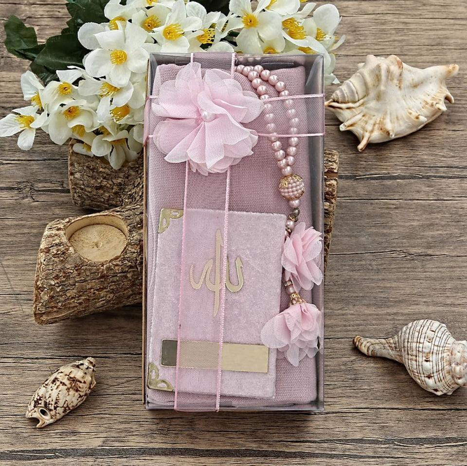 Special Pocket Size Pink Yaseen Book Gift Box | Crystal Tasbeeh | Cotton Shawl | Welcoming | Holy Book | Quran Gifts | M656