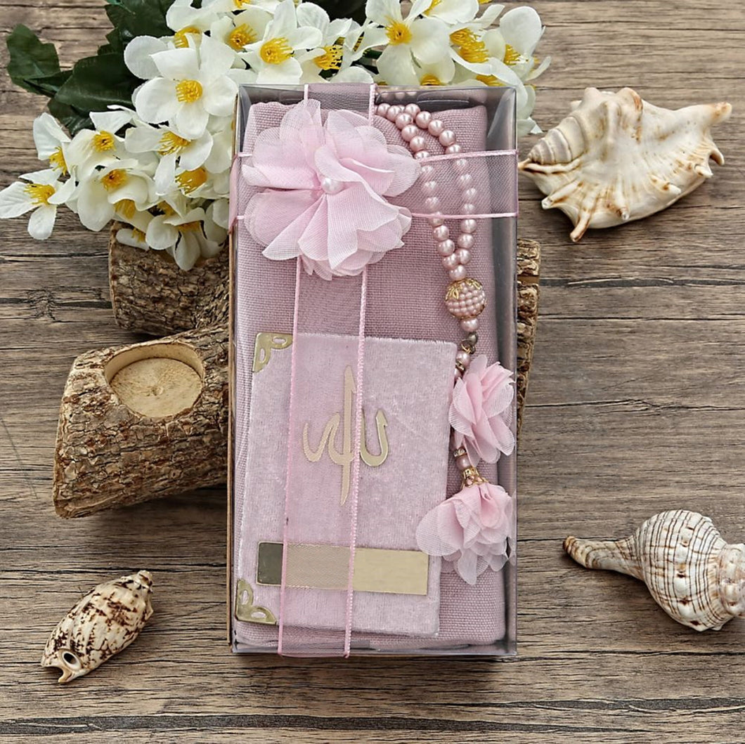 Special Pocket Size Pink Yaseen Book Gift Box | Crystal Tasbeeh | Cotton Shawl | Welcoming | Holy Book | Quran Gifts | M656