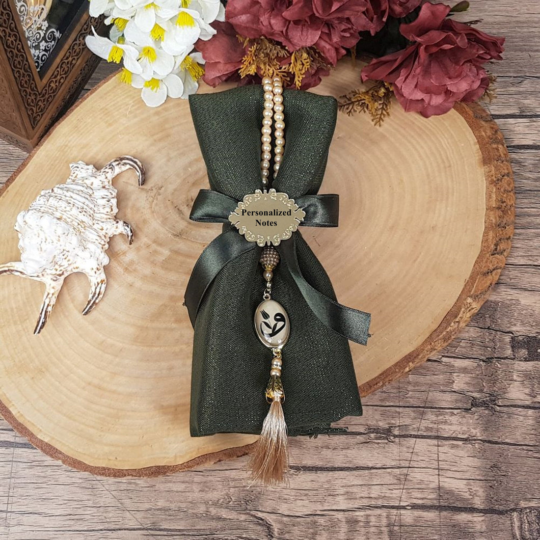 Dark Green Luxury Shawl | 99 Beads Pearl Tasbeeh With Arabic Letter | Personalized Plexiglass | Gift For Her | Personalized Gift | MLPE