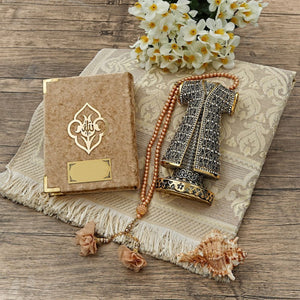 Velvet Brown Thermo Leather Quran | Acetate Gift Box | 99 Bead Tasbeeh | Cotton Prayer Mat | Special Design Biblo | Personalized Gift