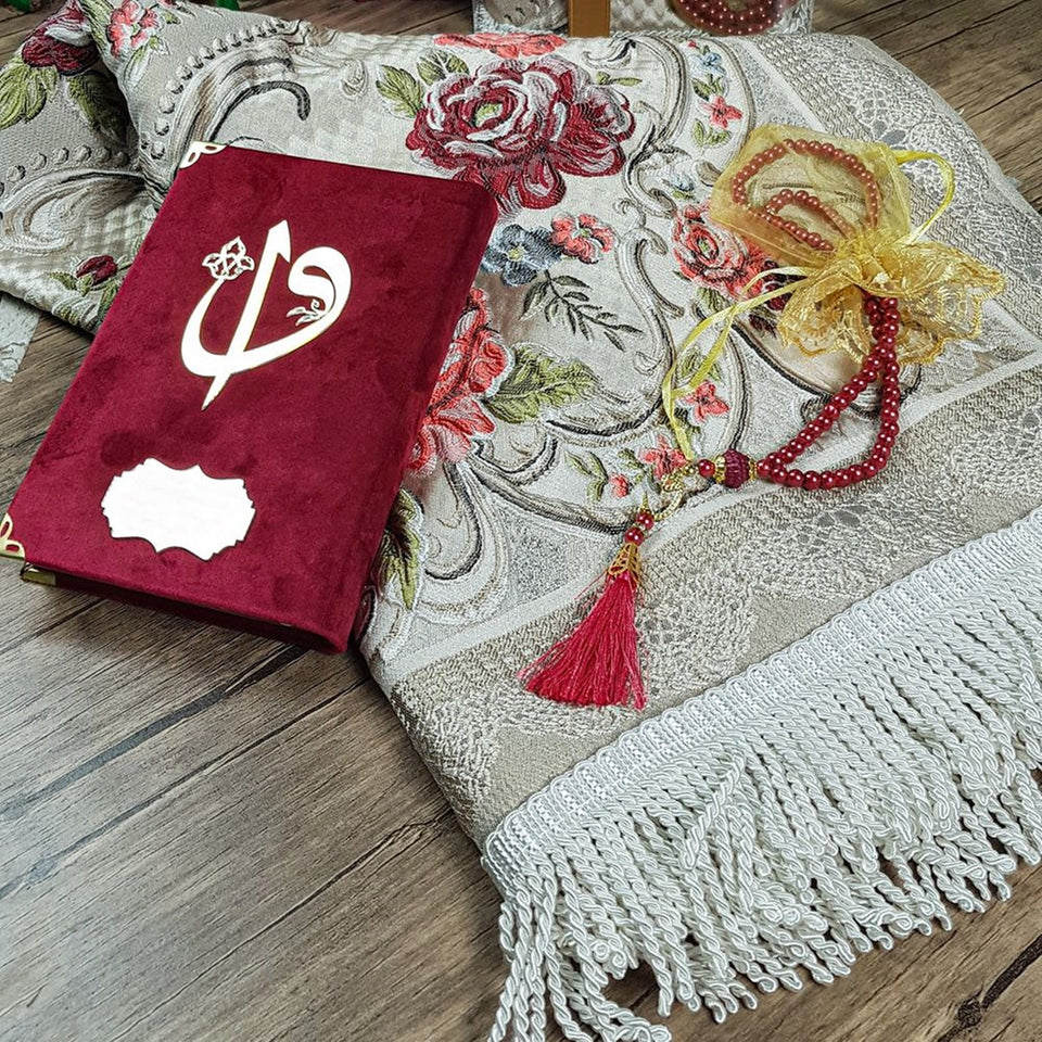 Velvet Bordeaux Quran Gift Box | 99 Beads Pearl Tasbeeh  | Luxury Prayer Mat | Personalized Plexiglass | Personalized Gift | M67U