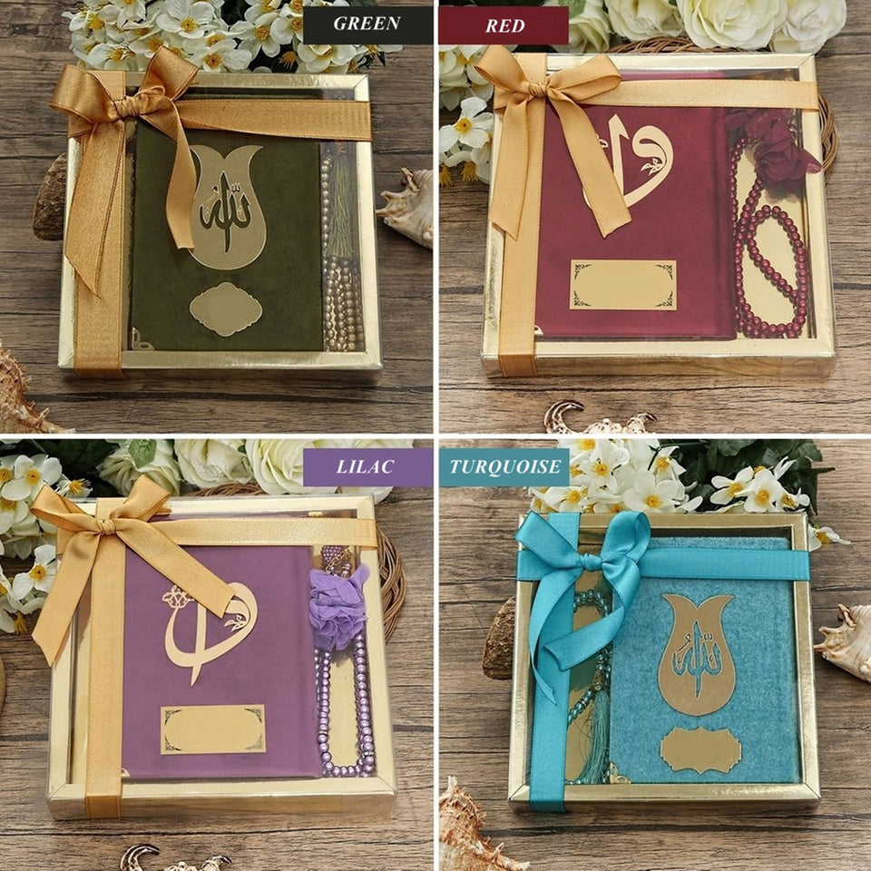 Velvet Quran Gift Box | 99 Beads Pearl Tasbeeh | Gold Acetate Box Decorated With Ribbon | Personalized Gift | Unique Gift