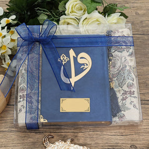 Velvet Blue Quran | Acetate Gift Box | 99 Bead Pearl Tasbeeh | Nursefa Prayer Mat | Islamic Gift | Gift For Him | Personalized Gift |
