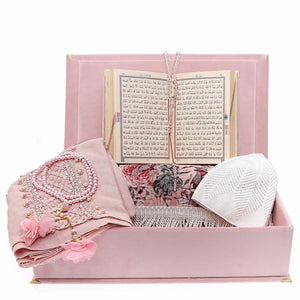 Unique Design Velvet Pink Gift Box | Velvet Quran | Prayer Mat | 33 Beads Pearl Tasbeeh | Luxury Shawl | Kufi hat Quran Gift Box