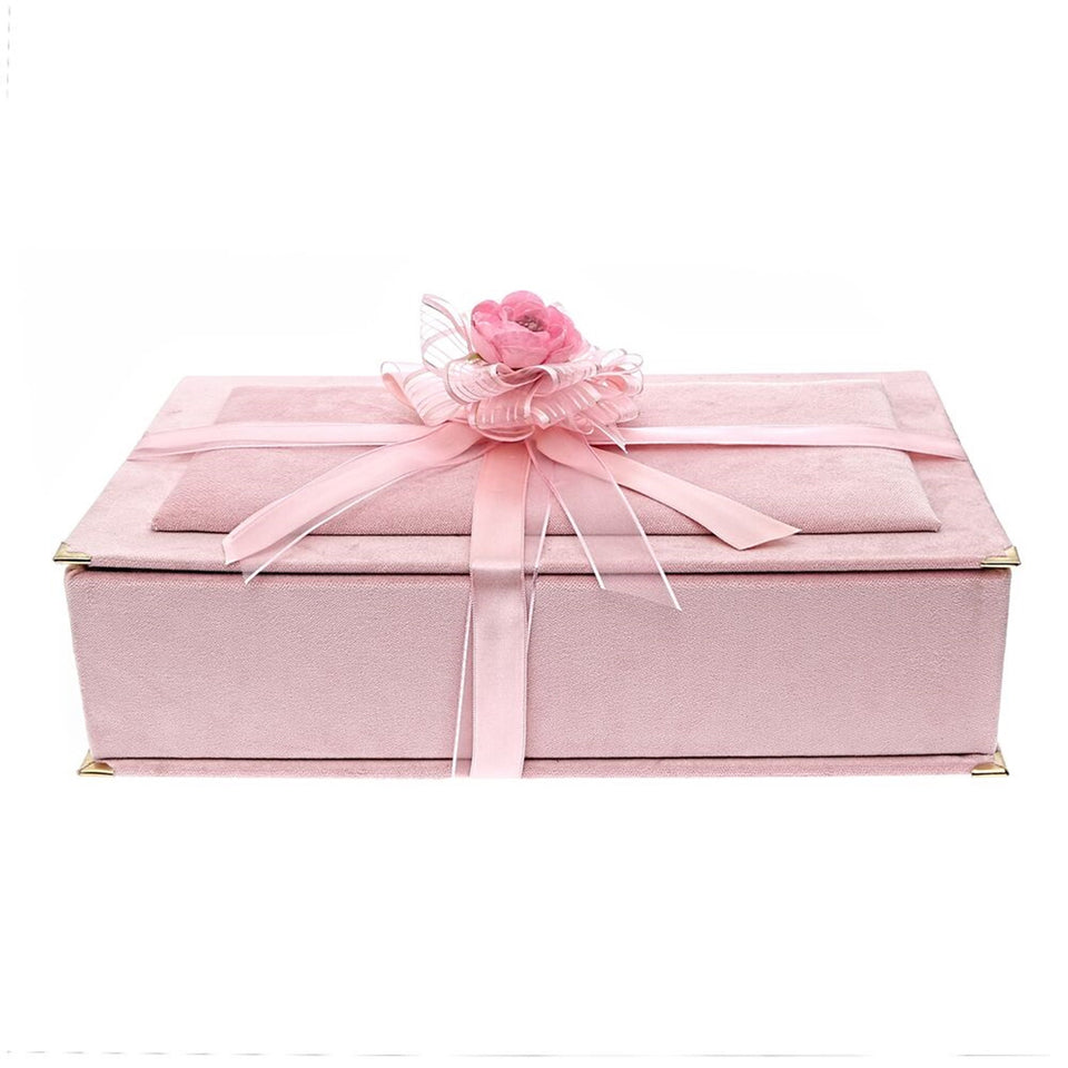 Unique Design Velvet Pink Gift Box | Velvet Quran | Prayer Mat | 33 Beads Pearl Tasbeeh | Luxury Shawl | Kufi hat Quran Gift Box