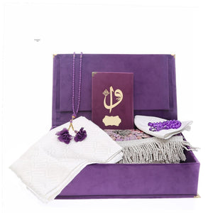 Special Design Velvet Purple Wooden Gift Box | Thermo Leather Quran | Prayer Mat | 33 Beads &99 Beads Pearl Tasbeeh | Shawl | Taqiyah | AOJ3