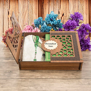 Thermo Leather Green Quran Wooden Gift Box Decorated With Ribbon | Prayer Mat | 33 Beads Tasbeeh | Personalized Gift | AOK2