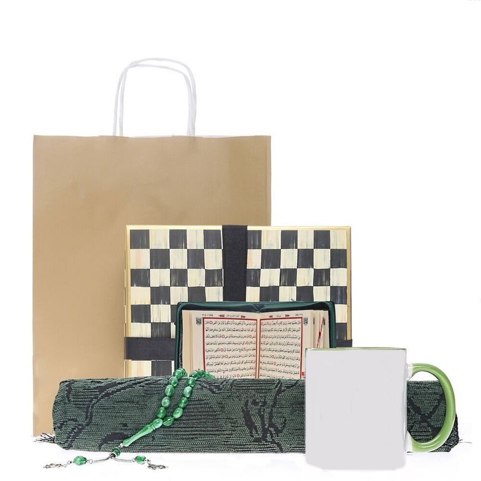 Leather Covered Quran | Square Gift Box | Prayer Mat | 33 Beads Tasbeeh | Craft Bag | Personalized Cup | Personalized Gift | AOT4