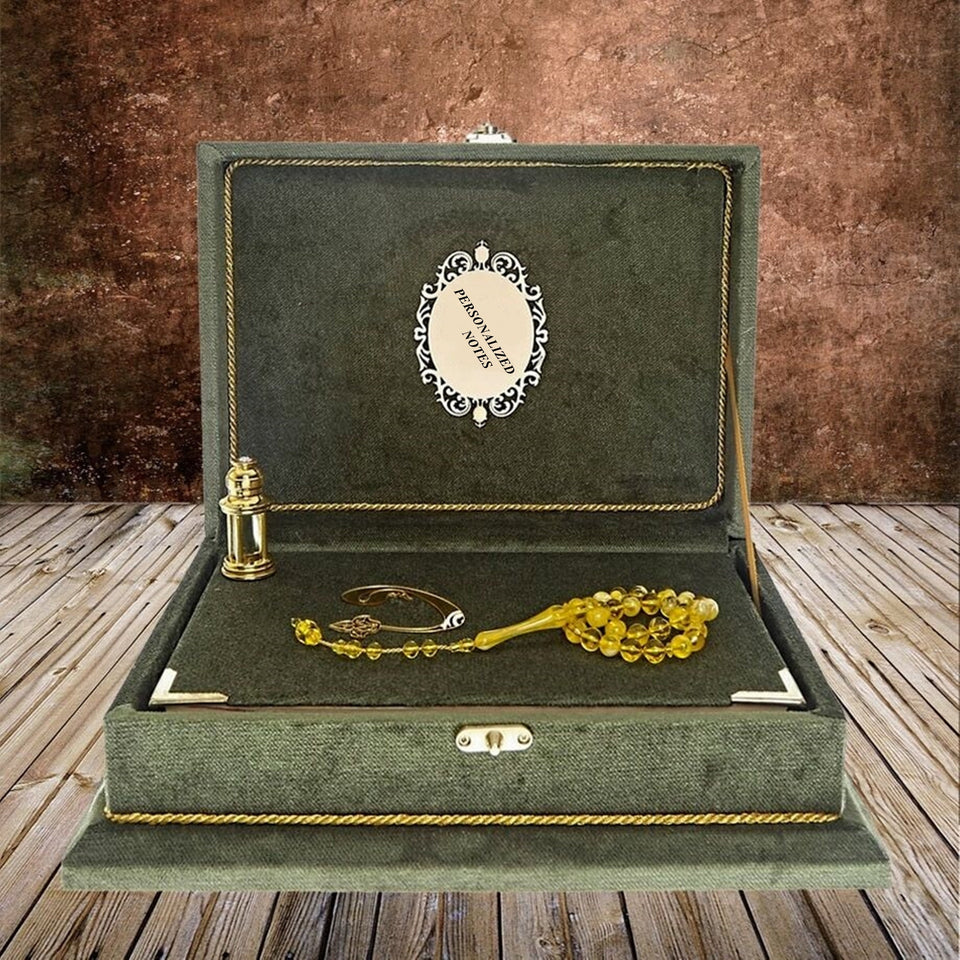 Velvet Green Wooden Gift Box & Velvet Quran Set | Prayer Mat | 33 Beads Tasbeeh | Craft Bag | Personalized Gift | APRW
