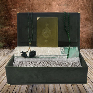 Velvet Dark Green Gift Box Set | Large Size & Olive Green Quran | 99 Beads Tasbeeh | Prayer Mat | Personalized Gift | ASKC