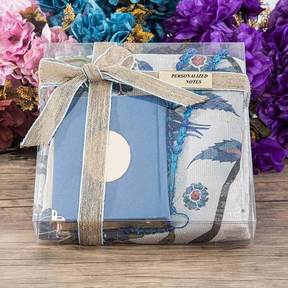 Velvet Blue Quran Gift Box | Prayer Mat | 33 Beads Tasbeeh | Craft Bag | Islamic Gift | Personalized Gift | AOT5