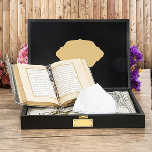 Special Design Black Wooden Gift Box | Gray-Black Quran | Prayer Mat | Tasbeeh | Taqiyah | Special Design Box | Personalized Gift | KDKW
