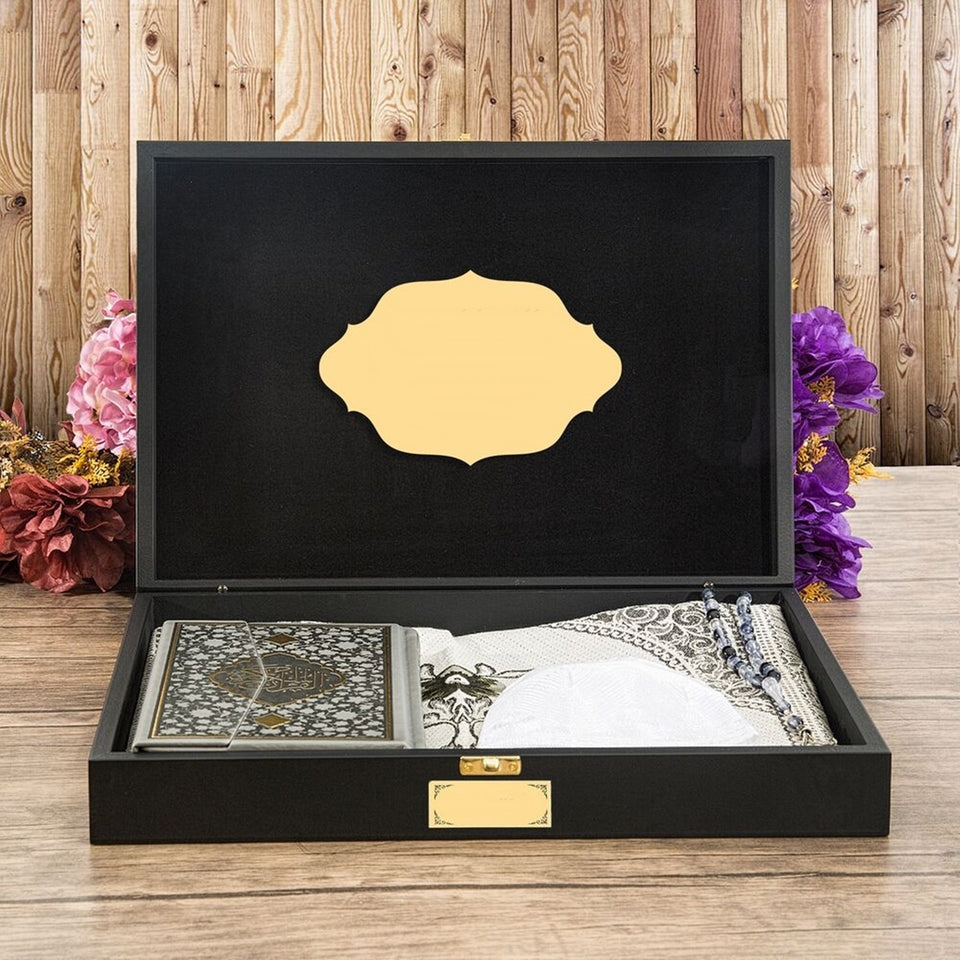 Special Design Black Wooden Gift Box | Gray-Black Quran | Prayer Mat | Tasbeeh | Taqiyah | Special Design Box | Personalized Gift | KDKW