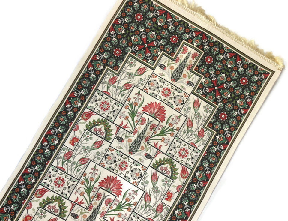 Green Ottoman Tiles Prayer Mat, Prayer Mat with Tasbeeh, Prayer Rug, Bohemian Rug, Turkish Rug, Islamic Gift YSLM76