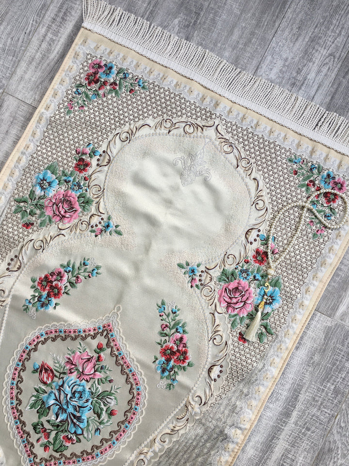Lux Pink Roses Prayer Mat | Dowries Prayer Rug | Wedding Gift | Prayer Rug with tasbih | Sajjada | Janamaz YSLM69 - islamicbazaar