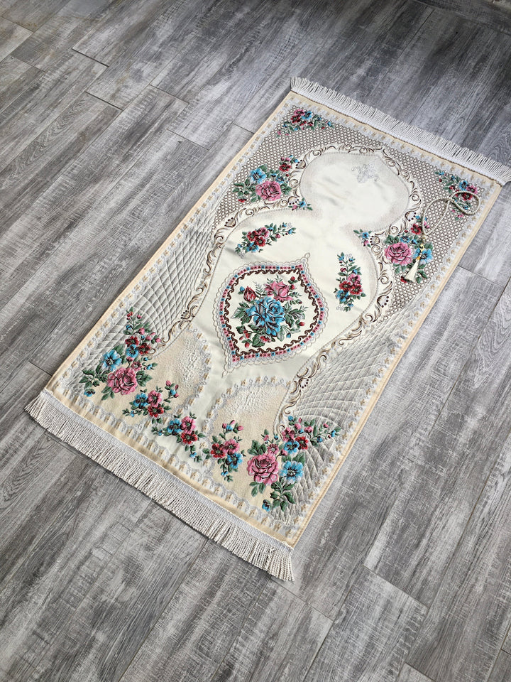 Lux Pink Roses Prayer Mat | Dowries Prayer Rug | Wedding Gift | Prayer Rug with tasbih | Sajjada | Janamaz YSLM69 - islamicbazaar