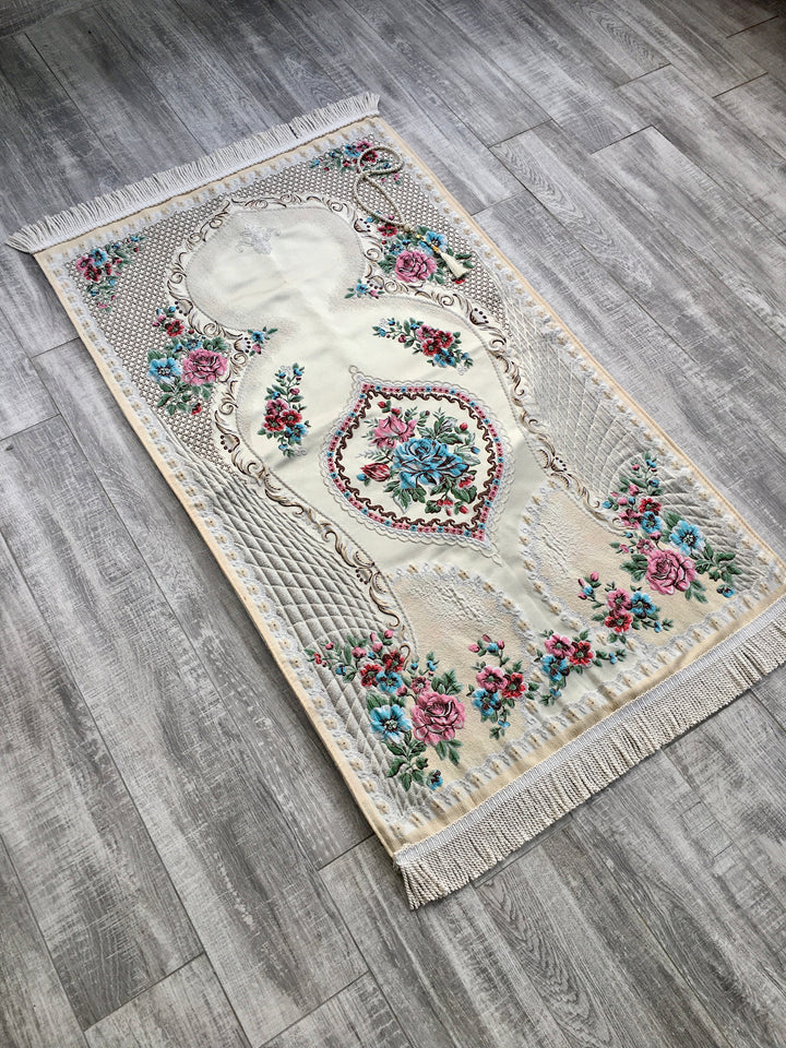 Lux Pink Roses Prayer Mat | Dowries Prayer Rug | Wedding Gift | Prayer Rug with tasbih | Sajjada | Janamaz YSLM69 - islamicbazaar