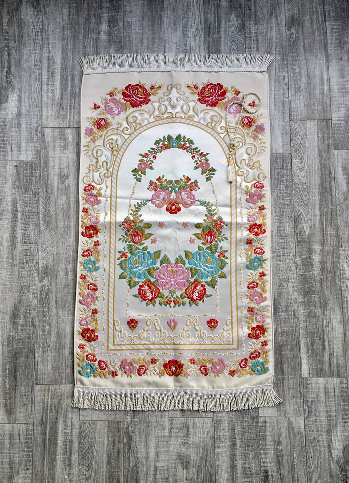 Lux Red Roses Prayer Mat | Dowries Prayer Rug | Wedding Gift | Prayer Rug with tasbih | Sajjada | Janamaz YSLM70 - islamicbazaar