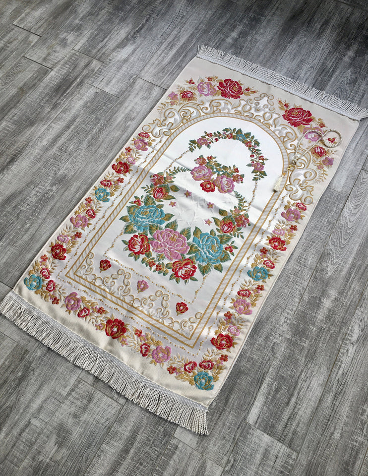 Lux Red Roses Prayer Mat | Dowries Prayer Rug | Wedding Gift | Prayer Rug with tasbih | Sajjada | Janamaz YSLM70 - islamicbazaar
