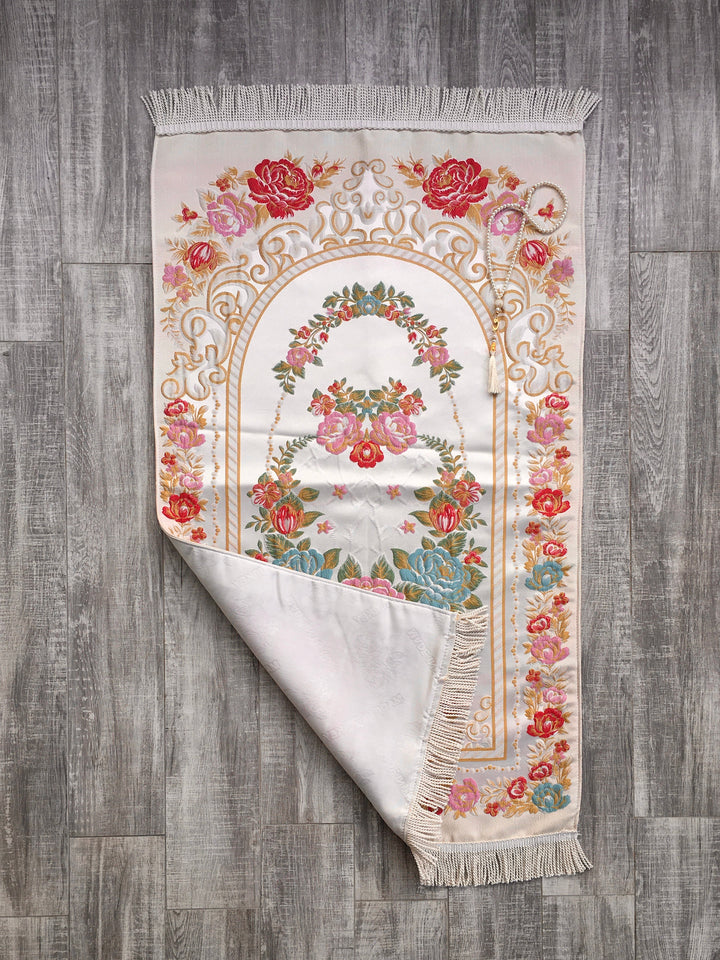 Lux Red Roses Prayer Mat | Dowries Prayer Rug | Wedding Gift | Prayer Rug with tasbih | Sajjada | Janamaz YSLM70 - islamicbazaar