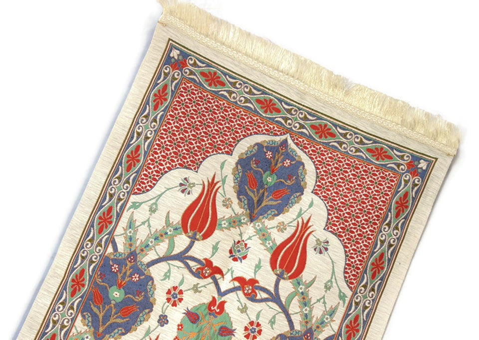 Middeleeuwse tulpen gebedsmat, gebedsmat met Tasbeeh, gebedskleed, moslim Janamaz, middeleeuws tapijt, Turks tapijt, islamitische gift YSLM26
