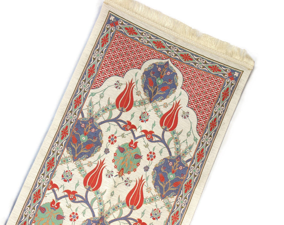 Middeleeuwse tulpen gebedsmat, gebedsmat met Tasbeeh, gebedskleed, moslim Janamaz, middeleeuws tapijt, Turks tapijt, islamitische gift YSLM26