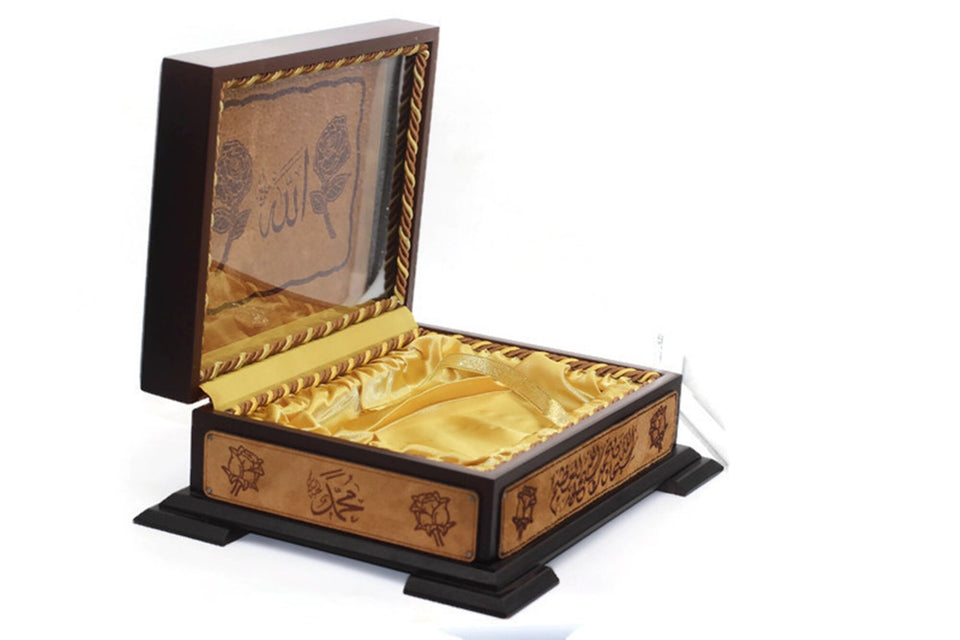 Unique Design Muhammed (pbuh) and Rose Engraved Faux Leather Wooden Gift Box Set, Pocket Size Quran, Islamic Gift APRU