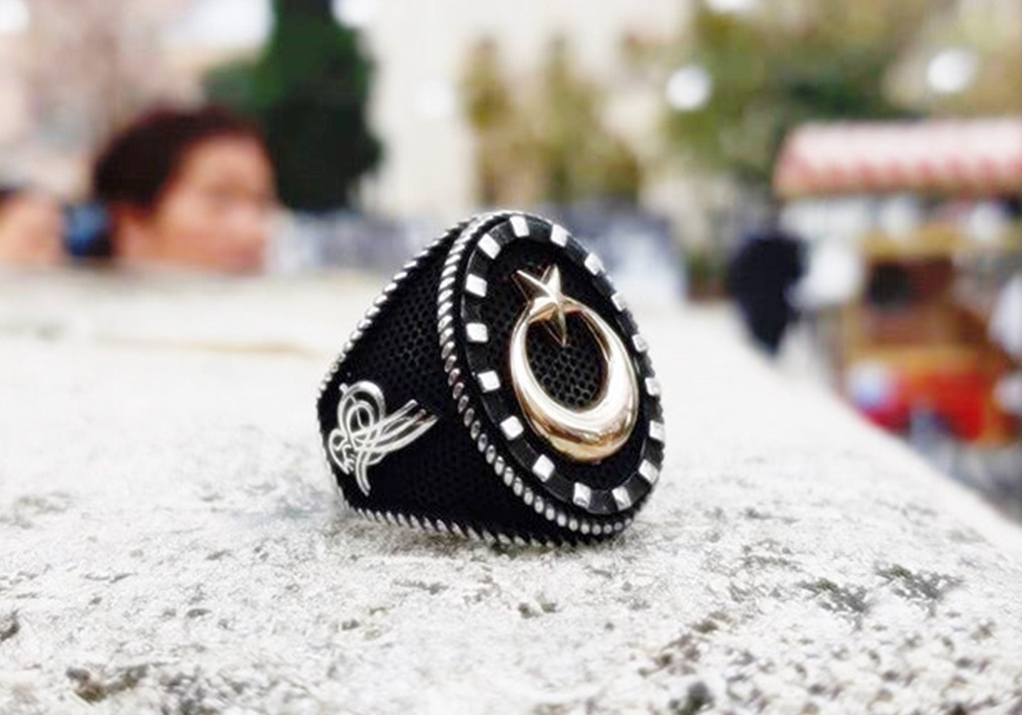 Bague en argent sterling avec drapeau turc à la main avec