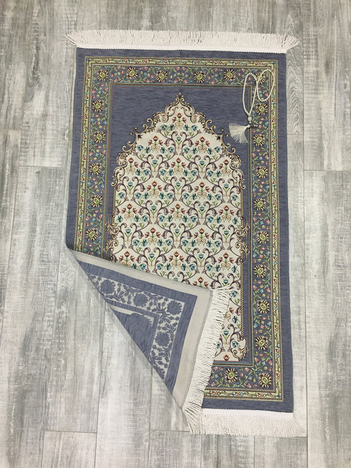 Grey Andalus Flowers Prayer Mat, Prayer Mat with Tasbeeh, Prayer Rug, Muslim Janamaz, Namaz Rug, Musallah, Islamic Gift - islamicbazaar