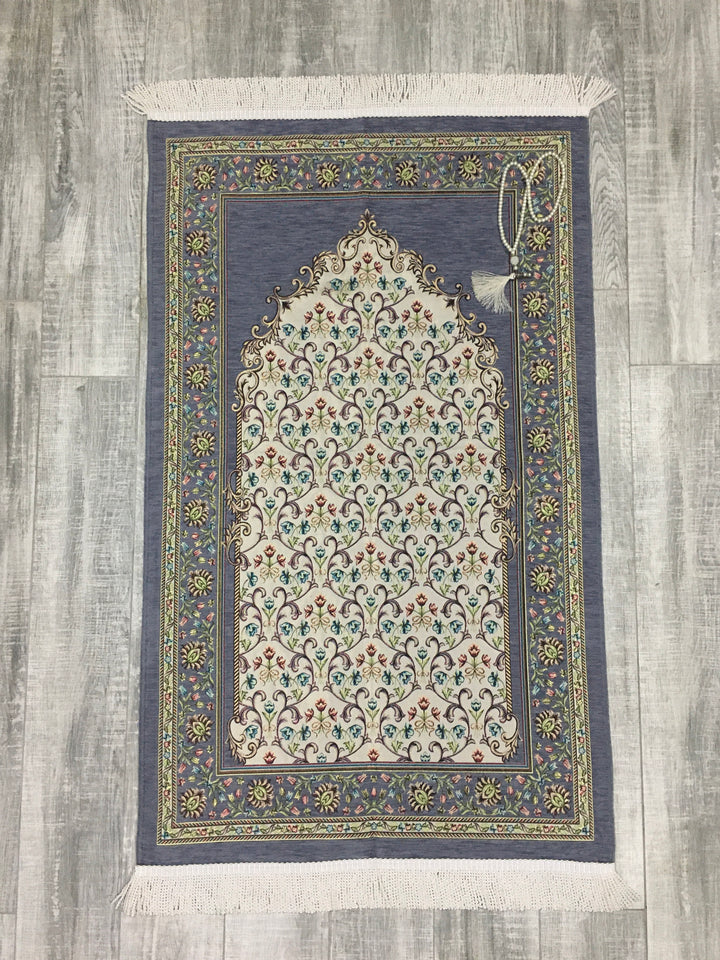Grey Andalus Flowers Prayer Mat, Prayer Mat with Tasbeeh, Prayer Rug, Muslim Janamaz, Namaz Rug, Musallah, Islamic Gift - islamicbazaar