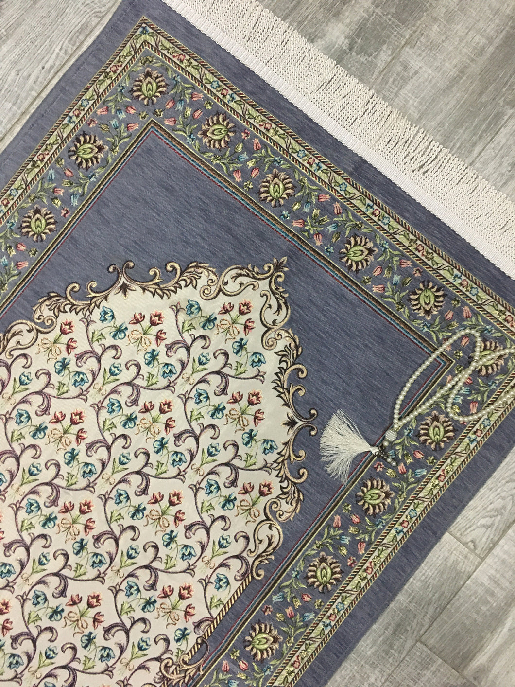 Grey Andalus Flowers Prayer Mat, Prayer Mat with Tasbeeh, Prayer Rug, Muslim Janamaz, Namaz Rug, Musallah, Islamic Gift - islamicbazaar