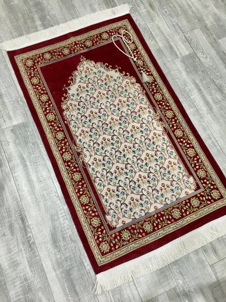 Red Andalus Flowers Prayer Mat, Prayer Mat with Tasbeeh, Prayer Rug, Muslim Janamaz, Namaz Rug, Musallah, Islamic Gift