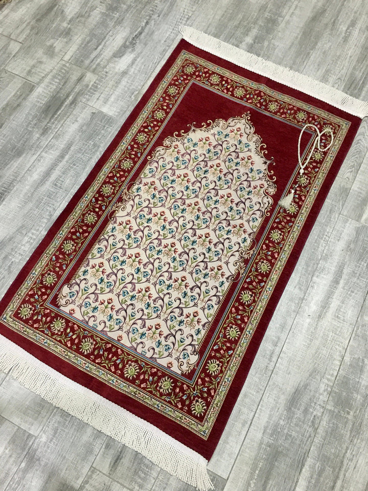 Red Andalus Flowers Prayer Mat, Prayer Mat with Tasbeeh, Prayer Rug, Muslim Janamaz, Namaz Rug, Musallah, Islamic Gift
