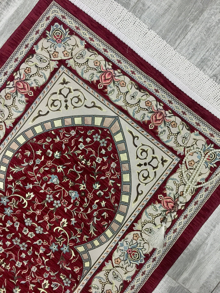 Classy Red Prayer Mat, Prayer Mat with Tasbeeh, Prayer Rug, Muslim Janamaz, Namaz Rug, Musallah, Islamic Gift - islamicbazaar