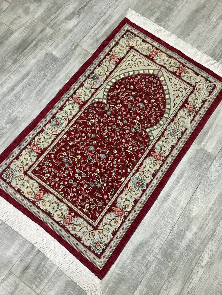 Classy Red Prayer Mat, Prayer Mat with Tasbeeh, Prayer Rug, Muslim Janamaz, Namaz Rug, Musallah, Islamic Gift - islamicbazaar