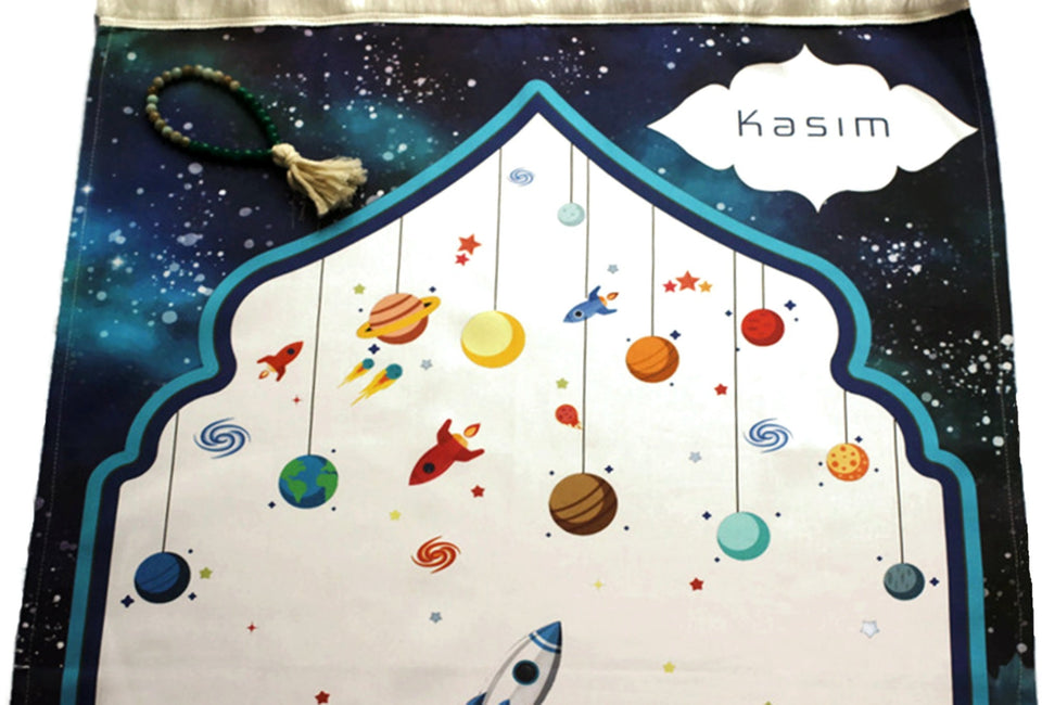 Personalized Prayer Mat for Kids, Space Islamic Praying Rug for Children, Educational Prayer Mat, Janamaz Muslim Child My First Prayer Mat