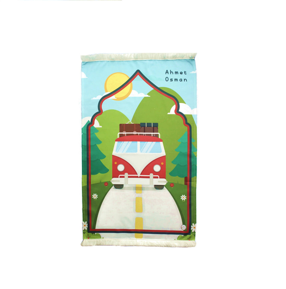 Personalized Prayer Mat for Kids, Red Car Islamic Praying Rug for Children, Educational Prayer Mat, Janamaz Muslim Child My First Prayer Mat