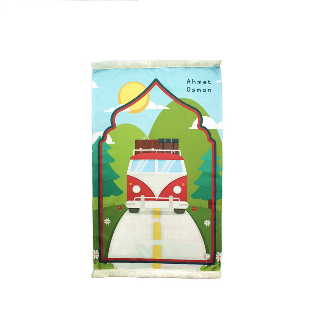 Personalized Prayer Mat for Kids, Red Car Islamic Praying Rug for Children, Educational Prayer Mat, Janamaz Muslim Child My First Prayer Mat